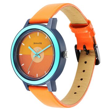 Sonata Splash Orange Dial Women Watch With Leather Strap