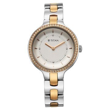 Titan Purple Glamour Quartz Analog White Dial Two Toned Stainless Steel Strap Watch For Women