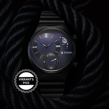 Titan Micromotors Analog with Date and Sun-Moon Sub-Dial and Blue Dial Black Stainless Steel Strap Watch for Men