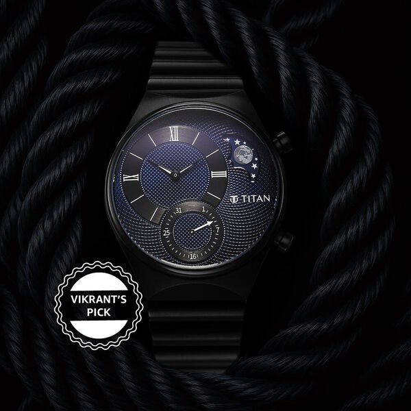 Titan Micromotors Analog with Date and Sun-Moon Sub-Dial and Blue Dial Black Stainless Steel Strap Watch for Men - image number 0