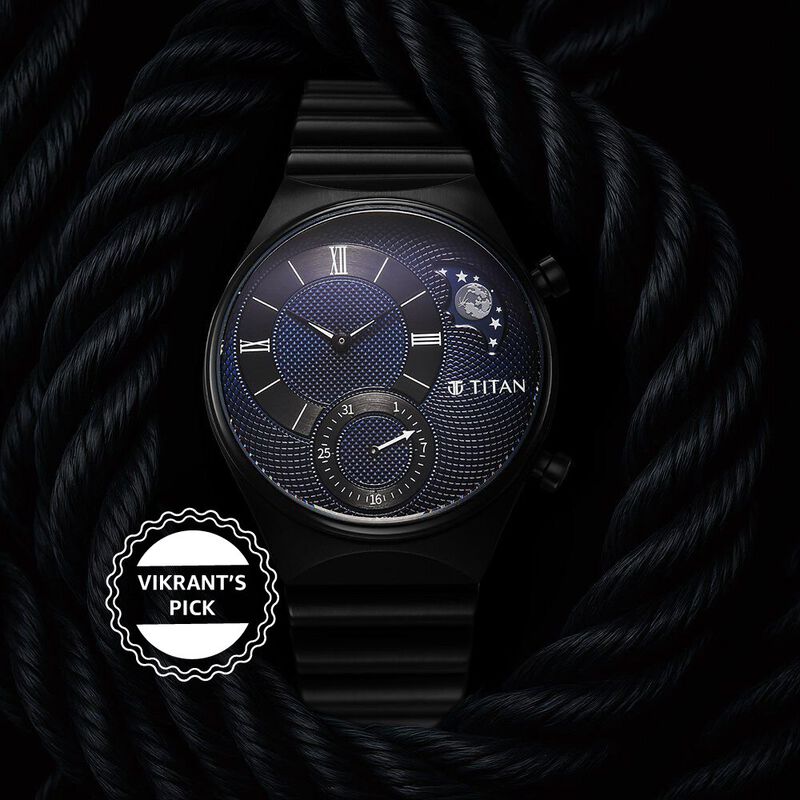 Titan Micromotors Analog with Date and Sun-Moon Sub-Dial and Blue Dial Black Stainless Steel Strap Watch for Men