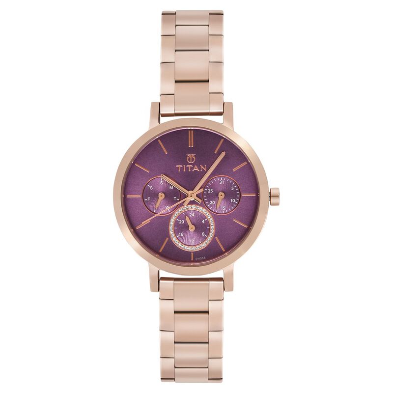 Titan Quartz Multifunction Rose Gold Dial Stainless Steel Strap Watch for Women