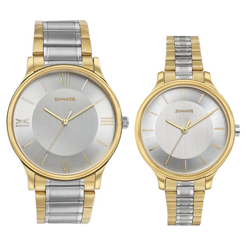 Sonata Modern Bandhan Quartz Analog Silver Dial Stainless Steel Strap Watch for Couple