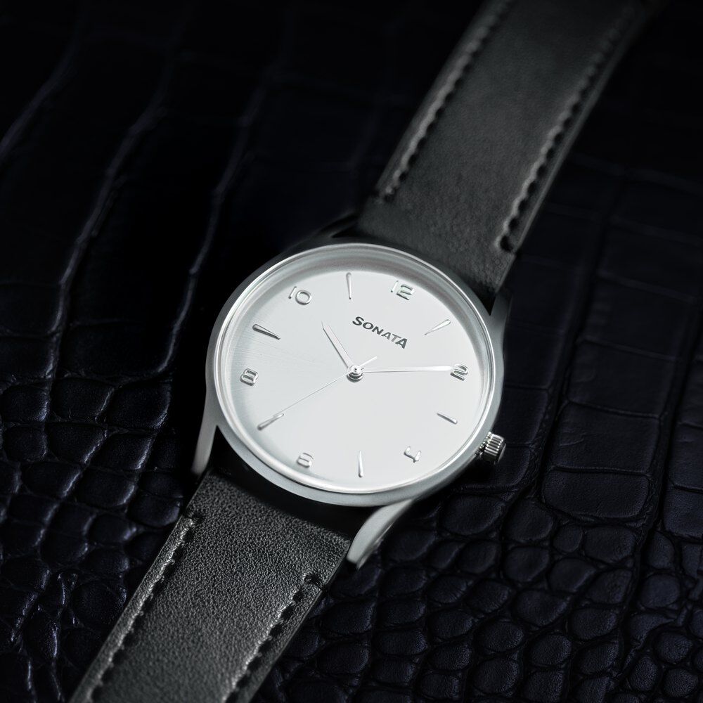 Sonata Quartz Analog Silver Dial Black Leather Strap Watch For Men-image-36