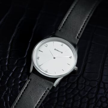 Sonata Quartz Analog Silver Dial Black Leather Strap Watch For Men
