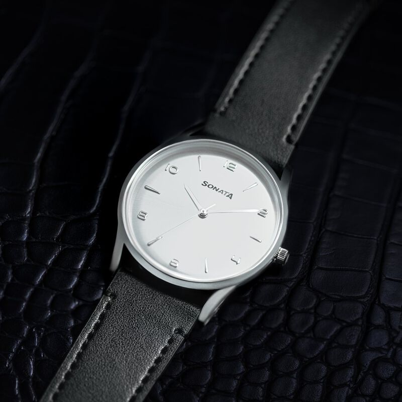 Sonata Quartz Analog Silver Dial Black Leather Strap Watch For Men