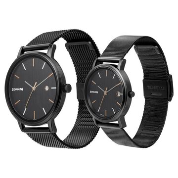 Sonata Quartz Analog with Date Black Dial Metal Strap Watch for Couple