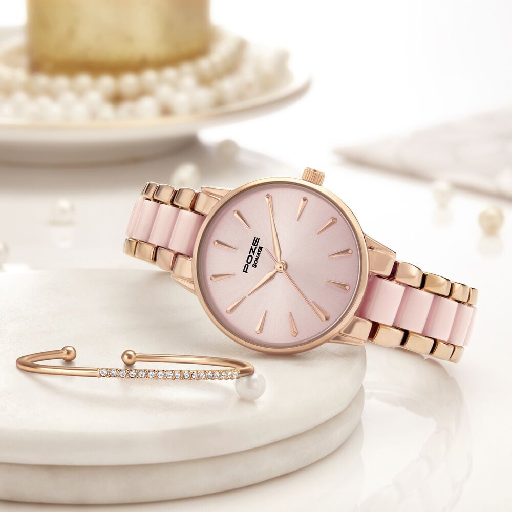 Sonata Poze Quartz Analog Pink Dial Rose Gold Color Metal With Crystal Strap Watch For Women-image-11