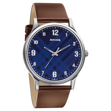 Sonata Smart Plaid Quartz Analog Blue Dial Leather Strap Watch for Men