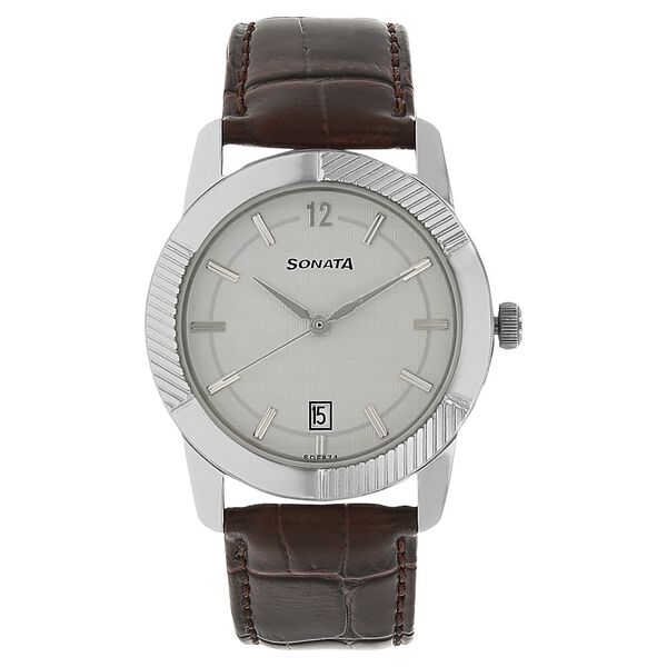 Sonata Quartz Analog Silver Dial Leather Strap Watch for Men - image number 0