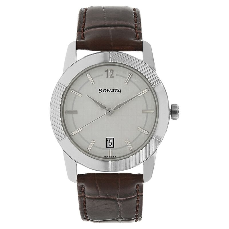 Sonata Quartz Analog Silver Dial Leather Strap Watch for Men