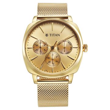 Titan Classique Suave Quartz Yellow Dial Golden Stainless Steel Mesh Strap Watch for Men