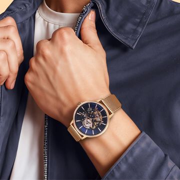 Titan Mechanical Slimline Blue Dial Rose Golden Mesh Strap watch for Men