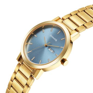 Sonata Utsav Quartz Analog with Day and Date Blue Dial Stainless Steel Strap Watch for Men