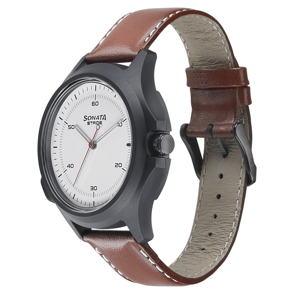 Buy Online Sonata Stride Smart White Dial Leather Strap Watch for Men 7130pl01 Titan