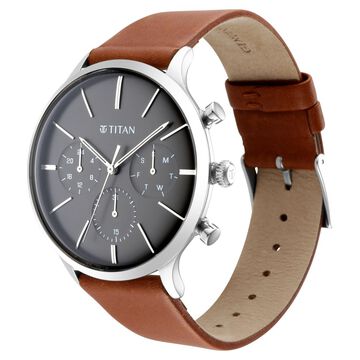 Titan Light Leathers Multifunction Black Dial Brown Leather Strap Watch For Men