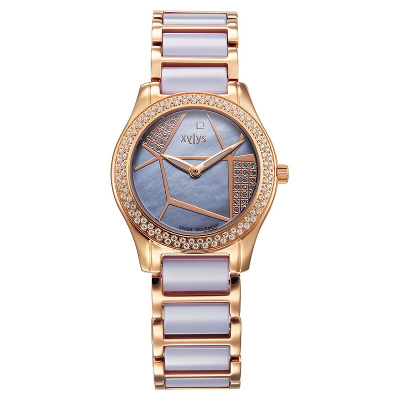 Xylys Swiss Analog Shimmer Swiss Steel & Ceramic Mother of Pearl Lilac Dial Watch for Women