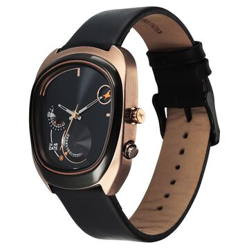 Fastrack UFO Quartz Multifunction Black Dial Black Leather Strap Watch For Guys