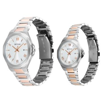 Titan Bandhan Quartz Analog with Date White Dial Two Toned Stainless Steel Strap Watch For Couple