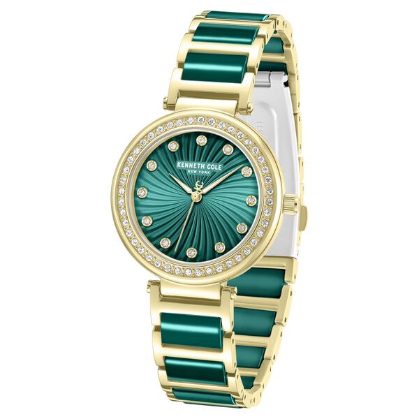 Kenneth Cole Quartz Analog Green Dial Golden Colour Ceramic Strap Watch For Women - image number 1