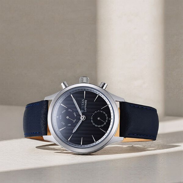 Titan Sapphire Multifunction Quartz Analog with Day and Date Blue Dial Leather Strap Watch for Men - image number 0