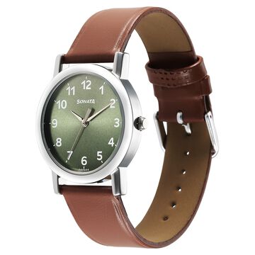 Sonata Classic Quartz Analog Green Dial Brown Leather Strap Watch for Men