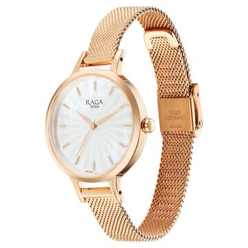 Titan Raga Power Pearls Quartz Analog Mother of Pearl Dial Rose Gold Metal Strap Watch For Women