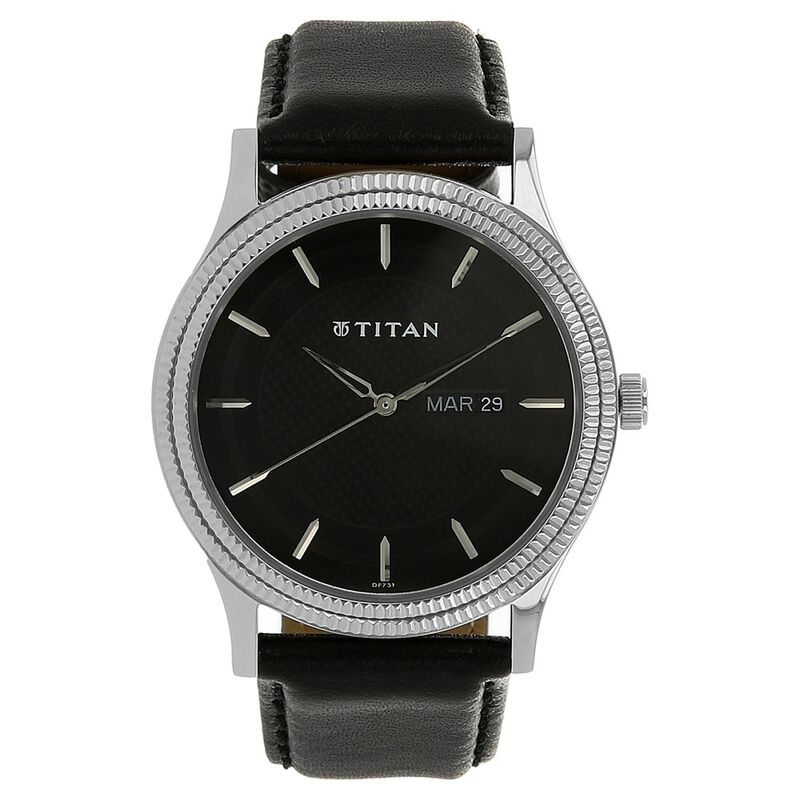 Titan Karishma Black Dial Analog with Day and Date Leather Strap Watch for Men