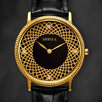Titan Nebula Filigree 18k Gold Analog Diamond Studded Indices Leather Strap Watch for Men