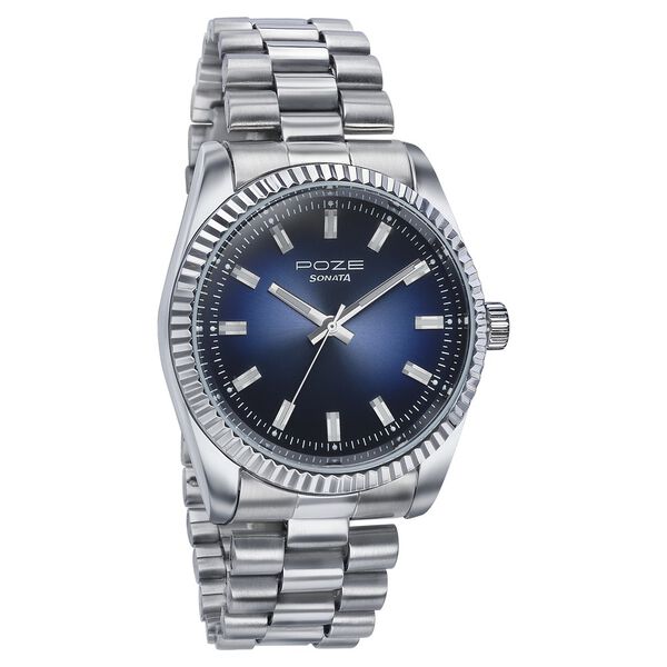 Sonata Poze Quartz Analog Blue Dial Silver Color Metal Strap Watch For Men - image number 2