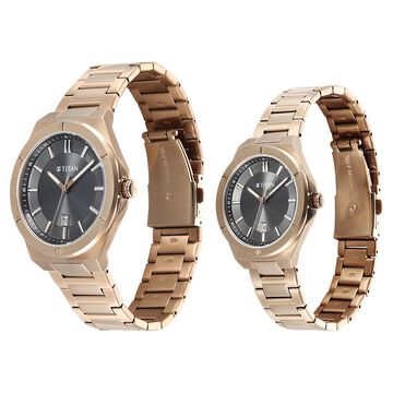 Titan Modern Bandhan Pair Analog with Black Dial Carnation Gold Stainless Steel Strap Watch for Couples