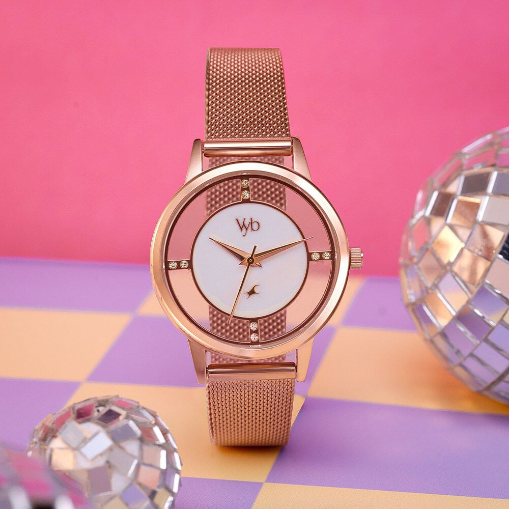 Vyb Runway By Fastrack Quartz Analog White Dial Rose Gold Stainless Steel Strap Watch For Girls-image-17