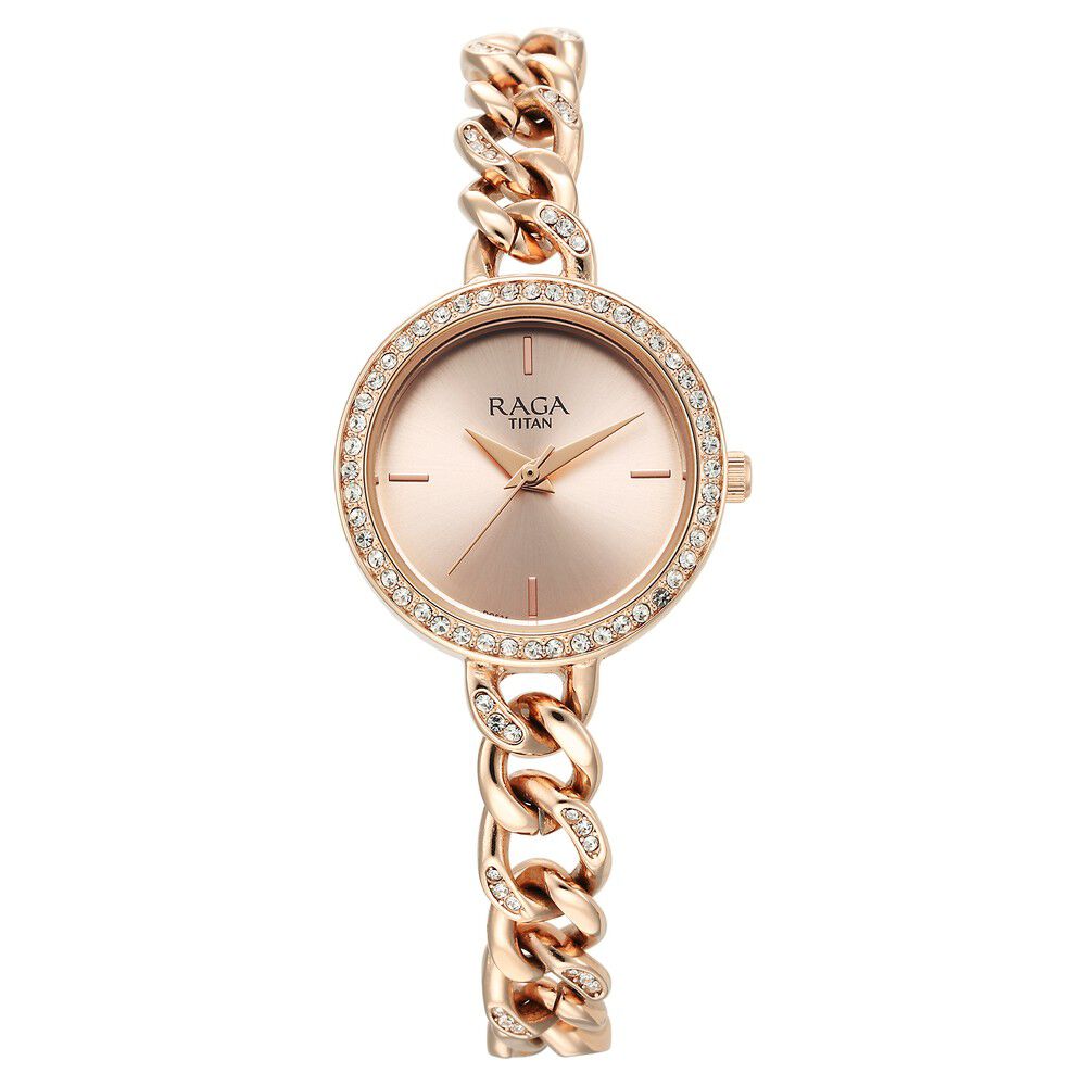 Buy Online Titan Raga Showstopper Quartz Analog Rose Gold Dial Metal Strap Watch for Women ns95288wm01 Titan