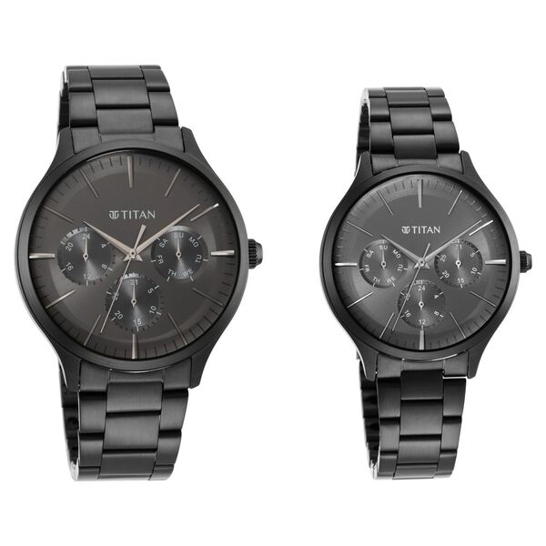 Titan Bandhan Black Dial Quartz Multifunction Stainless Steel Strap watch for Couple. - image number 0