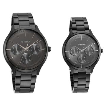 Titan Bandhan Black Dial Quartz Multifunction Stainless Steel Strap watch for Couple.