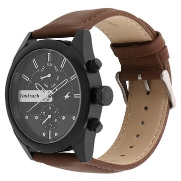 Fastrack All Nighters Quartz Multifunction Black Dial Leather Strap Watch for Guys