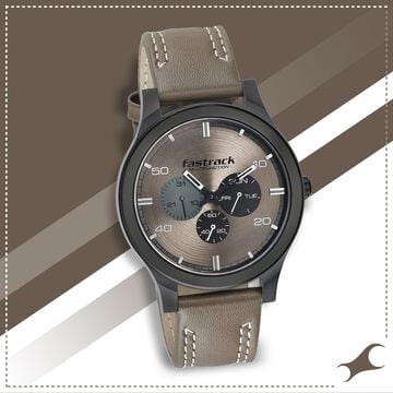 Fastrack Dial It Up Quartz Multifunction Beige Dial Leather Strap Watch for Guys