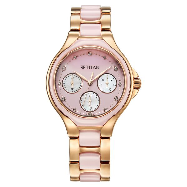 Titan Glamour Quartz Multifunction Mother Of Pearl Dial Pink Ceramic & Steel Strap Watch For Women - image number 0