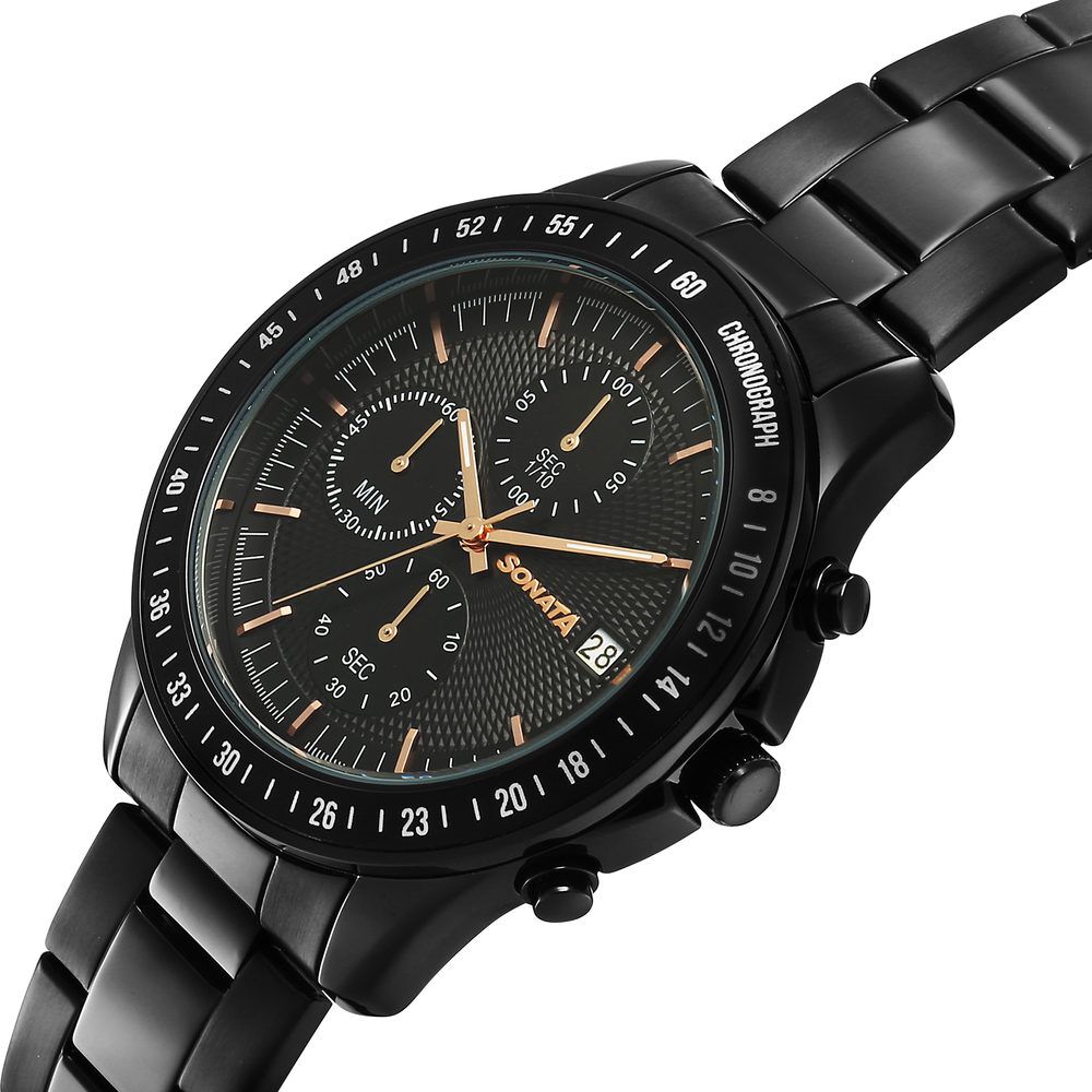Buy Online Sonata Chronos Quartz Analog with Date Black Dial Black
