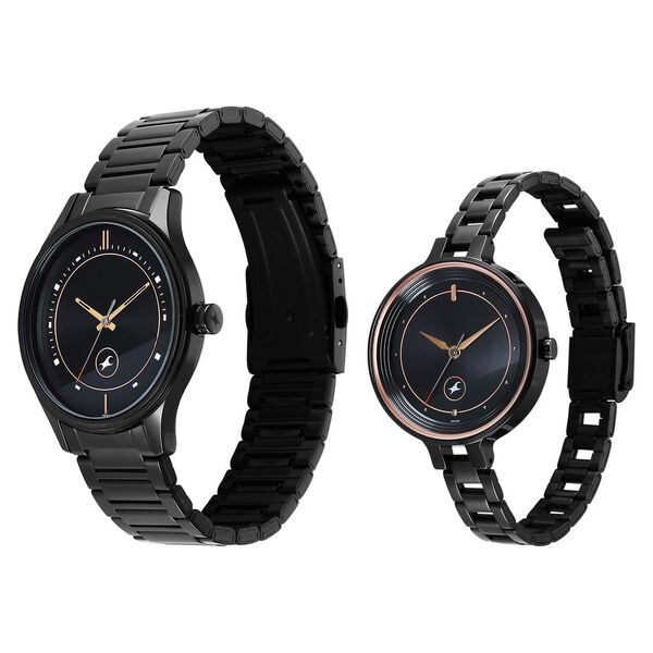 Fastrack Mixmatched Quartz Analog Black Dial Black Stainless Steel Strap Watch For Couple - image number 2
