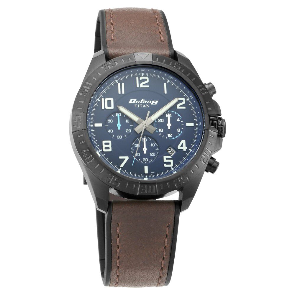 Buy Online Titan Octane Hyper Lume Blue Dial Chronograph Leather Strap watch for Men np90112np02 Titan