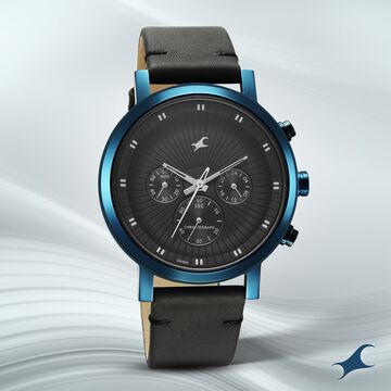 Fastrack Kronos Multifunction Black Dial Leather Strap Watch for Guys