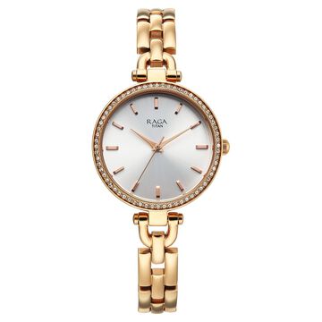 Titan Raga Showstopper Quartz Analog Silver Dial Rose Gold Metal Strap Watch For Women