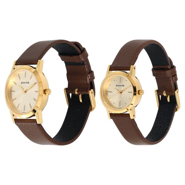 Sonata Quartz Analog Champagne Dial Stainless Steel Strap Watch for Couple - image number 1