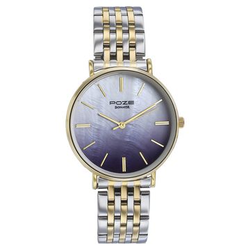 Sonata Poze Quartz Analog Blue Mother Of Pearl Dial Two Toned Color Stainless Steel Strap Watch For Women