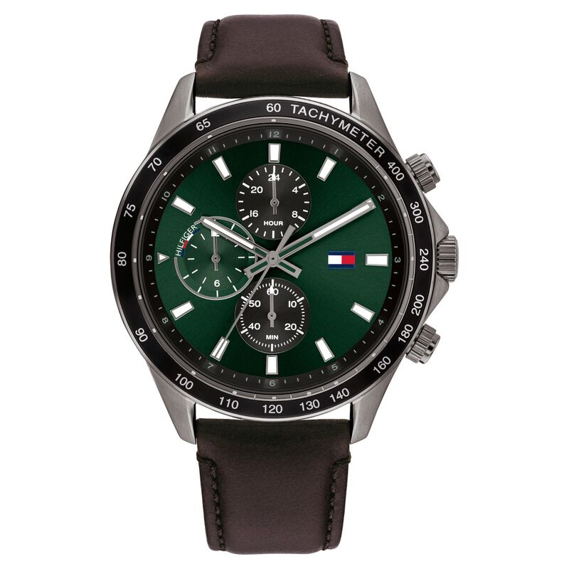 Tommy Hilfiger Multifunction Green Dial Leather Strap Watch for Men