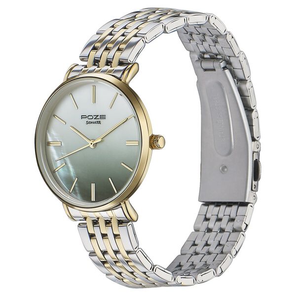 Sonata Poze Quartz Analog Green Mother Of Pearl Dial Two Toned Color Stainless Steel Strap Watch For Women - image number 3