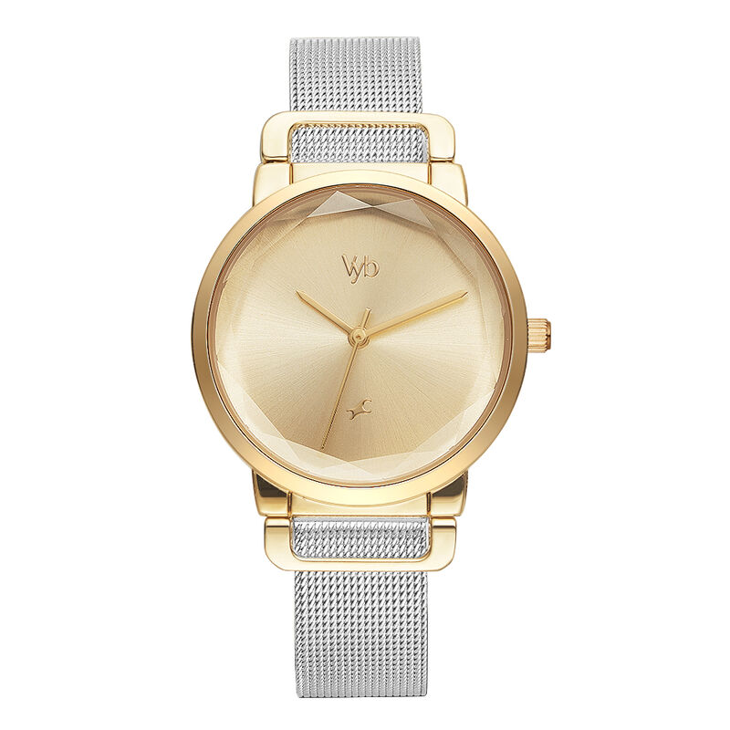 Fastrack Vyb Classique Quartz Analog Golden Dial Stainless Steel Strap Watch for Girls