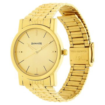Sonata Quartz Champagne Dial Golden Stainless Steel Strap Watch For Men
