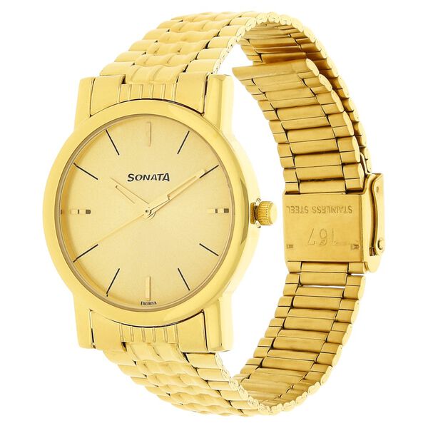 Sonata Quartz Champagne Dial Golden Stainless Steel Strap Watch For Men - image number 1